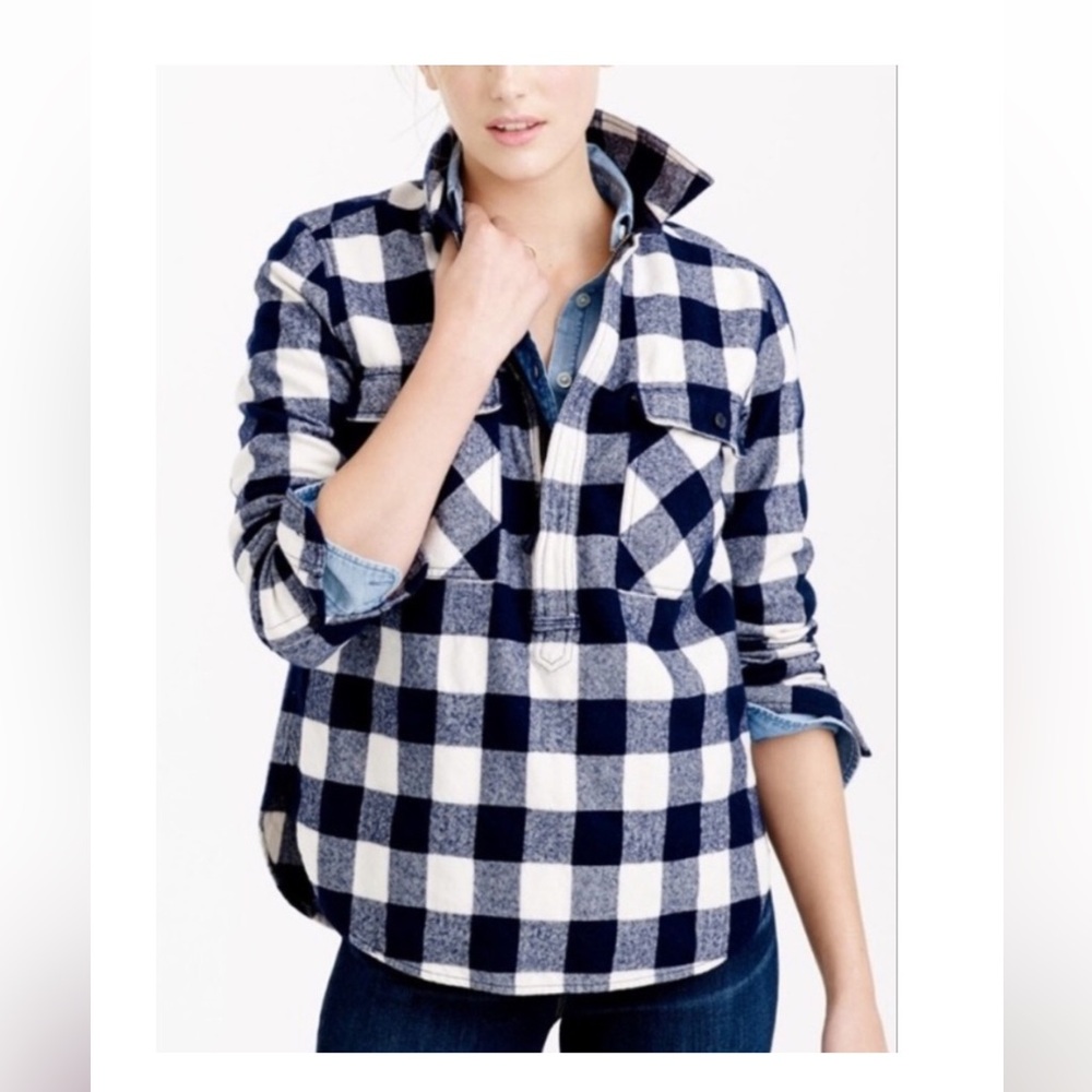 J.CREW Women's Navy and Cream Buffalo Check Plaid Half-Zip Shirt Shirt Jacket